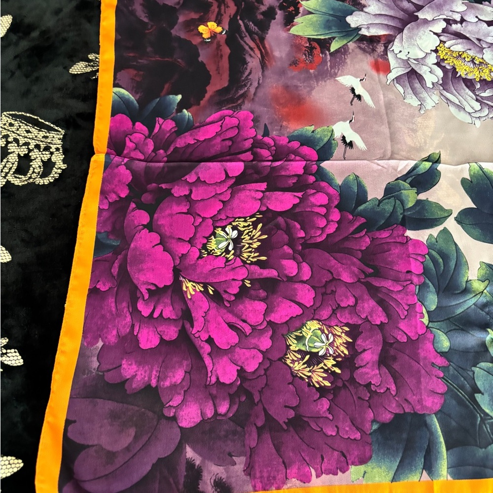 Floral Silk Scarf with Orange Border - Picture 2 of 7
